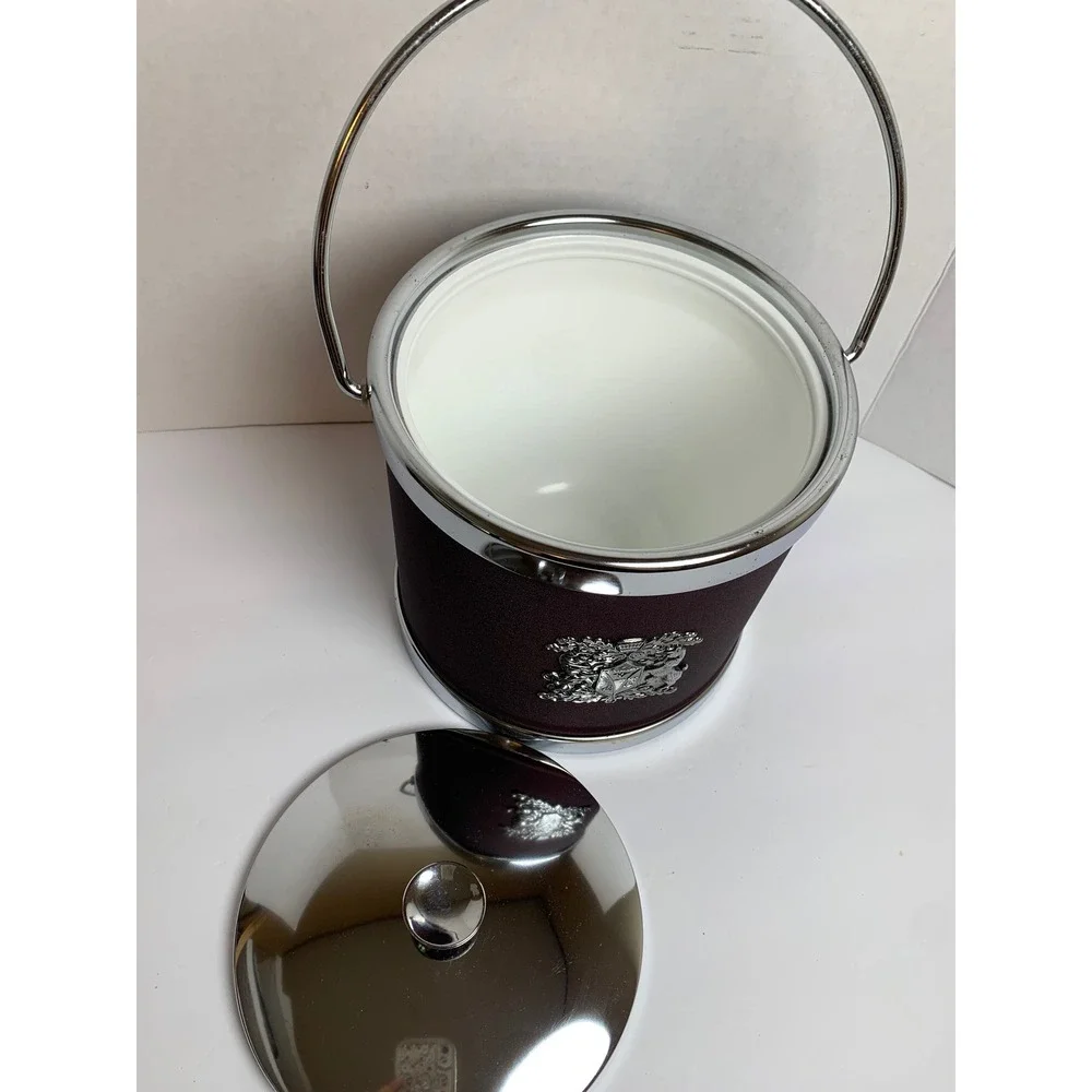 Vintage S.S. Kresge Burgundy Chrome Metal Ice Bucket Heraldic Crest Mid Century